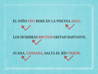 EL NIÑO FEO BEBE EN LA PISCINA AZUL.
LOS HOMBRES BRUTOS GRITAN BASTANTE.
JUANA, CANSADA, SALTA EL RÍO VERDE.
 