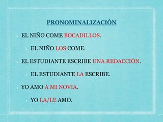 PRONOMINALIZACIÓN
EL NIÑO COME BOCADILLOS.
EL NIÑO LOS COME.
EL ESTUDIANTE ESCRIBE UNA REDACCIÓN.
EL ESTUDIANTE LA ESCRIBE.
YO AMO A MI NOVIA.
YO LA/LE AMO.
 