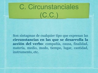 C. Circunstanciales
(C.C.)
Son sintagmas de cualquier tipo que expresan las
circunstancias en las que se desarrolla la
acción del verbo: compañía, causa, finalidad,
materia, medio, modo, tiempo, lugar, cantidad,
instrumento, etc.
 