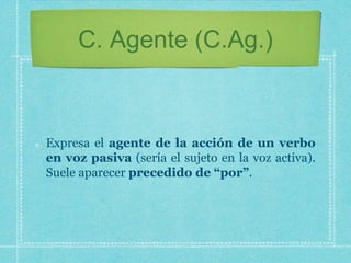 C. Agente (C.Ag.)
Expresa el agente de la acción de un verbo
en voz pasiva (sería el sujeto en la voz activa).
Suele aparecer precedido de “por”.
 
