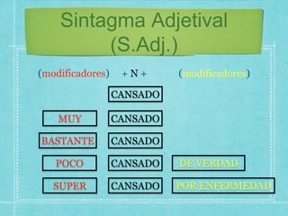 Sintagma Adjetival
(S.Adj.)
(modificadores) + N + (modificadores)
CANSADO
BASTANTE
POCO
SUPER POR ENFERMEDAD
CANSADO
CANSA...