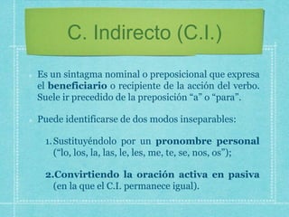 C. Indirecto (C.I.)
Es un sintagma nominal o preposicional que expresa
el beneficiario o recipiente de la acción del verbo...