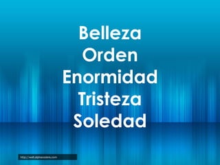 Belleza
Orden
Enormidad
Tristeza
Soledad
http://wall.alphacoders.com

 