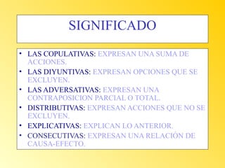 SIGNIFICADO
• LAS COPULATIVAS: EXPRESAN UNA SUMA DE
ACCIONES.
• LAS DIYUNTIVAS: EXPRESAN OPCIONES QUE SE
EXCLUYEN.
• LAS ADVERSATIVAS: EXPRESAN UNA
CONTRAPOSICION PARCIAL O TOTAL.
• DISTRIBUTIVAS: EXPRESAN ACCIONES QUE NO SE
EXCLUYEN.
• EXPLICATIVAS: EXPLICAN LO ANTERIOR.
• CONSECUTIVAS: EXPRESAN UNA RELACIÓN DE
CAUSA-EFECTO.

 
