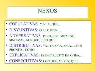 NEXOS
• COPULATIVAS: Y, NI, E, QUE,...
• DISYUNTIVAS: O, U, O BIEN,...
• ADVERSATIVAS: PERO, SIN EMBARGO,
SINO,MAS, AUNQUE, SINO QUE

• DISTRIBUTIVAS: YA...YA, ORA...ORA,..., TAN
PRONTO... COMO

• EXPLICATIVAS: ES DECIR, ESTO ES, O SEA,...
• CONSECUTIVAS: CON QUE, ASÍ (ES) QUE, …

 