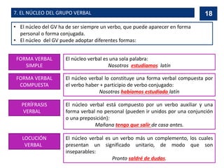 7. EL NÚCLEO DEL GRUPO VERBAL
• El núcleo del GV ha de ser siempre un verbo, que puede aparecer en forma
personal o forma conjugada.
• El núcleo del GV puede adoptar diferentes formas:
FORMA VERBAL
SIMPLE
El núcleo verbal es una sola palabra:
Nosotros estudiamos latín
FORMA VERBAL
COMPUESTA
El núcleo verbal lo constituye una forma verbal compuesta por
el verbo haber + participio de verbo conjugado:
Nosotros habíamos estudiado latín
PERÍFRASIS
VERBAL
El núcleo verbal está compuesto por un verbo auxiliar y una
forma verbal no personal (pueden ir unidos por una conjunción
o una preposición):
Mañana tengo que salir de casa antes.
El núcleo verbal es un verbo más un complemento, los cuales
presentan un significado unitario, de modo que son
inseparables:
Pronto saldré de dudas.
LOCUCIÓN
VERBAL
18
 