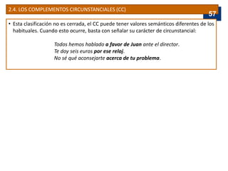 2.4. LOS COMPLEMENTOS CIRCUNSTANCIALES (CC)
• Esta clasificación no es cerrada, el CC puede tener valores semánticos diferentes de los
habituales. Cuando esto ocurre, basta con señalar su carácter de circunstancial:
Todos hemos hablado a favor de Juan ante el director.
Te doy seis euros por ese reloj.
No sé qué aconsejarte acerca de tu problema.
57
 