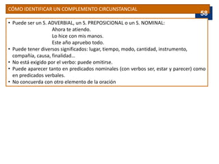 CÓMO IDENTIFICAR UN COMPLEMENTO CIRCUNSTANCIAL
• Puede ser un S. ADVERBIAL, un S. PREPOSICIONAL o un S. NOMINAL:
Ahora te atiendo.
Lo hice con mis manos.
Este año apruebo todo.
• Puede tener diversos significados: lugar, tiempo, modo, cantidad, instrumento,
compañía, causa, finalidad…
• No está exigido por el verbo: puede omitirse.
• Puede aparecer tanto en predicados nominales (con verbos ser, estar y parecer) como
en predicados verbales.
• No concuerda con otro elemento de la oración
58
 