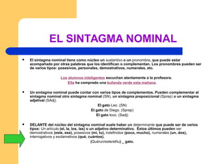 EL SINTAGMA NOMINAL
 El sintagma nominal tiene como núcleo un sustantivo o un pronombre, que puede estar
acompañado por otras palabras que los identifican o complementan. Los pronombres pueden ser
de varios tipos: posesivos, personales, demostrativos, numerales, etc.
Los alumnos inteligentes escuchan atentamente a la profesora.
Ella ha comprado una bufanda verde esta mañana.
 Un sintagma nominal puede contar con varios tipos de complementos. Pueden complementar al
sintagma nominal otro sintagma nominal (SN), un sintagma preposicional (Sprep) o un sintagma
adjetival (SAdj).
El gato Leo. (SN)
El gato de Diego. (Sprep)
El gato loco. (Sadj)
 DELANTE del núcleo del sintagma nominal suele haber un determinante que puede ser de varios
tipos: Un artículo (el, la, los, las) o un adjetivo determinativo. Éstos últimos pueden ser
demostrativos (este, ese), posesivos (mi, tu), indefinidos (poco, mucho), numerales (un, dos),
interrogativos y exclamativos (qué, cuántos).
(Qué/un/este/el/tu) _ gato.
 