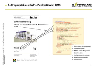 Auftragsdatei aus SAP – Publikation im CMS
© Albin Hollenstein, Sinteg AG - Vortrag Tecom Forum 2011 in Winterthur




                                                                                                                        •   Zeichnungen, 3D-Modelldaten
                                                                                                                        •   Zulieferdokumente
                                                                                                                        •   Artikel- und Auftragsdaten
                                                                                                                        •   Stücklistendaten
                                                                                                                        •   Konfigurationsinformationen
  ahn@sinteg.ch




                                                                                                                        •   Änderungsinformationen

                                                                                 Quelle: Fischer Computertechnik GmbH   •   Ersatzteildaten



                                                                                                                                                          11
 