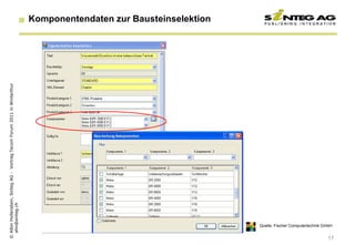 © Albin Hollenstein, Sinteg AG - Vortrag Tecom Forum 2011 in Winterthur
  ahn@sinteg.ch
                                                                          Komponentendaten zur Bausteinselektion




     Quelle: Fischer Computertechnik GmbH


17
 
