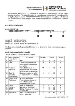 ficando assim: PRXXXXXX (X= números da inscrição). – Produtor rural de São Paulo:
   Acrescentar a letra P (maiúscula) antes da inscrição do produtor rural. A inscrição contém
   12 dígitos, ficando assim: PXXXXXXXXXXXXX (X=números de inscrição). – No Paraná
   não existe inscrição para produtor rural, nesse caso preencher o campo com a palavra
   ISENTO.


8.4 - REGISTRO TIPO 51

8.4.1 – EXEMPLO:
   5135524678000100204358429354......000002330000000000023000..........................N


                                               10                   11              15

campo 10 – total da nota fiscal
campo 11 – total do IPI: 230,00
campo 15 – situação quanto ao cancelamento: N

Ob. Esse exemplo de Registro tipo 51 refere-se ao documento fiscal mostrado no segundo
exemplo

8.4.2 – Leiaute do Registro tipo 51:
TOTAL DE NOTA FISCAL QUANTO AO IPI
Nº Denominação           Conteúdo                   Tamanho     Posição       Formato
     do Campo
01 Tipo        "51"                                    2        1        2      N
02 CNPJ        CNPJ do remetente nas                  14        3        16     N
               entradas e do destinatário
               nas saídas
03 Inscrição   Inscrição Estadual do                  14       17        30     X
   Estadual    remetente nas entradas e
               do destinatário nas saídas
04 Data de     Data de emissão na saída                8       31        38     N
   emissão/    ou recebimento na entrada
   recebimento
05 Unidade da  Sigla da unidade da                     2       39        40     X
   Federação   Federação do remetente
               nas entradas e do
               destinatário nas saídas
06 Série       Série da nota fiscal                    3       41        43     X
07 Número      Número da nota fiscal                   6       44        49     N
08 CFOP        Código Fiscal de Operação               4       50        53     N
               e Prestação
09 Valor Total Valor total da nota fiscal             13       54        66     N
               (com 2 decimais)
                                                           Coordenação SINTEGRA 23
 