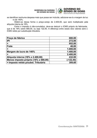 se identificar nenhuma despesa mais que possa ser incluída, adicionar-se-á a margem de luc
       ro de 140%.
         Obtém-se dessa forma o preço-varejo de 2.400,00, que será multiplicado pela
alíquota interna de 18%.
         Como o imposto é não-cumulativo, deve-se deduzir o ICMS próprio do fabricante,
que é de 18% sobre 680,00, ou seja 122,40. A diferença entre esses dois valores será o
ICMS retido por substituição tributária.


Preço de fábrica                                                     680,00
IPI                                                                  272,00
=                                                                    952,00
Frete                                                                 48,00
=                                                                 1.000,00
Margem de lucro de 140%                                           1.400,00
=                                                                 2.400,00
Alíquota interna (18% x 2.400,00)                                    432,00
Menos imposto próprio (18% x 680,00)                              (-122,40)
= Imposto retido p/subst. Tributária                                 309,60




                                                         Coordenação SINTEGRA 25
 