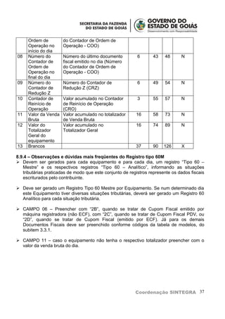 Ordem de         do Contador de Ordem de
     Operação no      Operação - COO)
     início do dia
08   Número do        Número do último documento           6       43   48      N
     Contador de      fiscal emitido no dia (Número
     Ordem de         do Contador de Ordem de
     Operação no      Operação - COO)
     final do dia
09   Número do        Número do Contador de                6       49   54      N
     Contador de      Redução Z (CRZ)
     Redução Z
10   Contador de      Valor acumulado no Contador          3       55   57      N
     Reinício de      de Reinício de Operação
     Operação         (CRO)
11   Valor da Venda   Valor acumulado no totalizador      16       58   73      N
     Bruta            de Venda Bruta
12   Valor do         Valor acumulado no                  16       74   89      N
     Totalizador      Totalizador Geral
     Geral do
     equipamento
13   Brancos                                              37       90   126     X

8.9.4 – Observações e dúvidas mais freqüentes do Registro tipo 60M
 Devem ser gerados para cada equipamento e para cada dia, um registro “Tipo 60 –
   Mestre” e os respectivos registros “Tipo 60 – Analítico”, informando as situações
   tributárias praticadas de modo que este conjunto de registros represente os dados fiscais
   escriturados pelo contribuinte.

 Deve ser gerado um Registro Tipo 60 Mestre por Equipamento. Se num determinado dia
  este Equipamento tiver diversas situações tributárias, deverá ser gerado um Registro 60
  Analítico para cada situação tributária.

 CAMPO 06 – Preencher com “2B”, quando se tratar de Cupom Fiscal emitido por
  máquina registradora (não ECF), com “2C”, quando se tratar de Cupom Fiscal PDV, ou
  “2D”, quando se tratar de Cupom Fiscal (emitido por ECF). Já para os demais
  Documentos Fiscais deve ser preenchido conforme códigos da tabela de modelos, do
  subitem 3.3.1.

 CAMPO 11 – caso o equipamento não tenha o respectivo totalizador preencher com o
  valor da venda bruta do dia.




                                                          Coordenação SINTEGRA 37
 