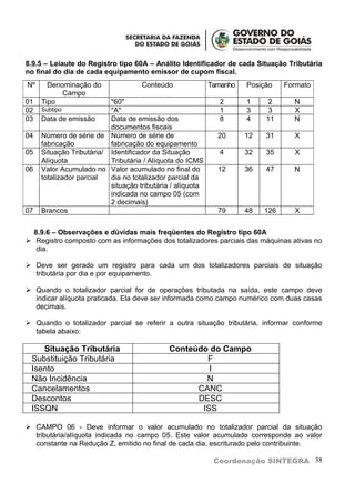 8.9.5 – Leiaute do Registro tipo 60A – Análito Identificador de cada Situação Tributária
no final do dia de cada equipamento emissor de cupom fiscal.
Nº     Denominação do               Conteúdo               Tamanho   Posição    Formato
           Campo
01   Tipo                 "60"                                2      1    2       N
02   Subtipo              "A"                                 1      3    3       X
03   Data de emissão      Data de emissão dos                 8      4    11      N
                          documentos fiscais
04   Número de série de Número de série de                   20      12   31      X
     fabricação           fabricação do equipamento
05   Situação Tributária/ Identificador da Situação           4      32   35      X
     Alíquota             Tributária / Alíquota do ICMS
06   Valor Acumulado no Valor acumulado no final do          12      36   47      N
     totalizador parcial  dia no totalizador parcial da
                          situação tributária / alíquota
                          indicada no campo 05 (com
                          2 decimais)
07   Brancos                                                 79      48   126     X


  8.9.6 – Observações e dúvidas mais freqüentes do Registro tipo 60A
 Registro composto com as informações dos totalizadores parciais das máquinas ativas no
   dia.

 Deve ser gerado um registro para cada um dos totalizadores parciais de situação
  tributária por dia e por equipamento.

 Quando o totalizador parcial for de operações tributada na saída, este campo deve
  indicar alíquota praticada. Ela deve ser informada como campo numérico com duas casas
  decimais.

 Quando o totalizador parcial se referir a outra situação tributária, informar conforme
  tabela abaixo:

    Situação Tributária                      Conteúdo do Campo
 Substituição Tributária                             F
 Isento                                               I
 Não Incidência                                      N
 Cancelamentos                                     CANC
 Descontos                                         DESC
 ISSQN                                              ISS

 CAMPO 06 - Deve informar o valor acumulado no totalizador parcial da situação
  tributária/alíquota indicada no campo 05. Este valor acumulado corresponde ao valor
  constante na Redução Z, emitido no final de cada dia, escriturado pelo contribuinte.

                                                            Coordenação SINTEGRA 38
 