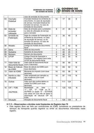 caso de emissão do documento
03     Inscrição         Inscrição Estadual do emitente do   14   17    30     X
       Estadual          documento, no caso de aquisição
                         de serviço; Inscrição Estadual do
                         tomador do serviço, no caso de
                         emissão do documento
04     Data de           Data de emissão para o prestador,   8    31    38     N
       emissão/          ou data de utilização do serviço
       utilização        para o tomador
05     Unidade da       Sigla da unidade da Federação do     2    39    40     X
       Federação        emitente do documento, no caso
                        de aquisição de serviço, ou do
                        tomador do serviço, no caso de
                        emissão do documento
06     Modelo           Código do modelo do documento        2    41    42     N
                        fiscal
07     Série            Série do documento                   1    43    43     X
08     Subsérie         Subsérie do documento                2    44    45     X
09     Número           Número do documento                  6    46    51     N
10     CFOP             Código Fiscal de Operação e          4    52    55     N
                        Prestação - Um registro para cada
                        CFOP do documento fiscal
11     Valor total do   Valor total do documento fiscal      13   56    68     N
       documento fiscal (com 2 decimais)
12     Base de Cálculo Base de cálculo do ICMS (com          14   69    82     N
       do ICMS          duas decimais)
13     Valor do ICMS    Montante do imposto (com duas        14   83    96     N
                        decimais)
14     Isenta ou não-   Valor amparado por isenção ou        14   97    110    N
       tributada        não incidência (com duas
                        decimais)
15     Outras           Valor que não confira débito ou      14   111   124         N
                        crédito do ICMS (com duas
                        decimais)
16     CIF / FOB        Modalidade       do   frete     -    1    125   125    N
                        "1" - CIF, "2" - FOB ou "0" -
       /OUTROS          OUTR0S (a opção "0" - OUTROS
                        nos casos em que não se aplica a
                        informação de cláusula CIF ou
                        FOB)
17     Situação         Situação do documento fiscal         1    126   126    X

     8.11.3 – Observações e dúvidas mais freqüentes do Registro tipo 70
      Este registro deve ser feito por contribuintes do ICMS, tomadores ou prestadores de
        serviços de transporte quando registrar ou emitir os documentos informados neste
        registro.




                                                              Coordenação SINTEGRA 44
 