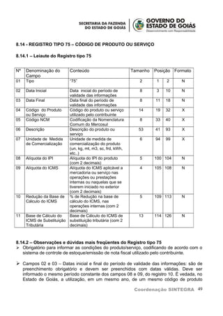 8.14 - REGISTRO TIPO 75 – CÓDIGO DE PRODUTO OU SERVIÇO

8.14.1 – Leiaute do Registro tipo 75


Nº    Denominação do         Conteúdo                         Tamanho   Posição Formato
      Campo
01    Tipo                   “75”                                2       1   2     N

02    Data Inicial           Data inicial do período de          8       3   10    N
                             validade das informações
03    Data Final             Data final do período de            8      11   18    N
                             validade das informações
04    Código do Produto      Código do produto ou serviço        14     19   32    X
      ou Serviço             utilizado pelo contribuinte
05    Código NCM             Codificação da Nomenclatura         8      33   40    X
                             Comum do Mercosul
06    Descrição              Descrição do produto ou             53     41   93    X
                             serviço
07    Unidade de Medida      Unidade de medida de                6      94   99    X
      de Comercialização     comercialização do produto
                             (un, kg, mt, m3, sc, frd, kWh,
                             etc..)
08    Alíquota do IPI        Alíquota do IPI do produto          5      100 104    N
                             (com 2 decimais)
09    Alíquota do ICMS       Alíquota do ICMS aplicável a        4      105 108    N
                             mercadoria ou serviço nas
                             operações ou prestações
                             internas ou naquelas que se
                             tiverem iniciado no exterior
                             (com 2 decimais)
10    Redução da Base de     % de Redução na base de             5      109 113    N
      Cálculo do ICMS        cálculo do ICMS, nas
                             operações internas (com 2
                             decimais)
11    Base de Cálculo do     Base de Cálculo do ICMS de          13     114 126    N
      ICMS de Substituição   substituição tributária (com 2
      Tributária             decimais)



8.14.2 – Observações e dúvidas mais freqüentes do Registro tipo 75
 Obrigatório para informar as condições do produto/serviço, codificando de acordo com o
   sistema de controle de estoque/emissão de nota fiscal utilizado pelo contribuinte.

 Campos 02 e 03 – Datas inicial e final do período de validade das informações: são de
     preenchimento obrigatório e devem ser preenchidos com datas válidas. Deve ser
     informado o mesmo período constante dos campos 08 e 09, do registro 10. É vedada, no
     Estado de Goiás, a utilização, em um mesmo ano, de um mesmo código de produto

                                                               Coordenação SINTEGRA 49
 
