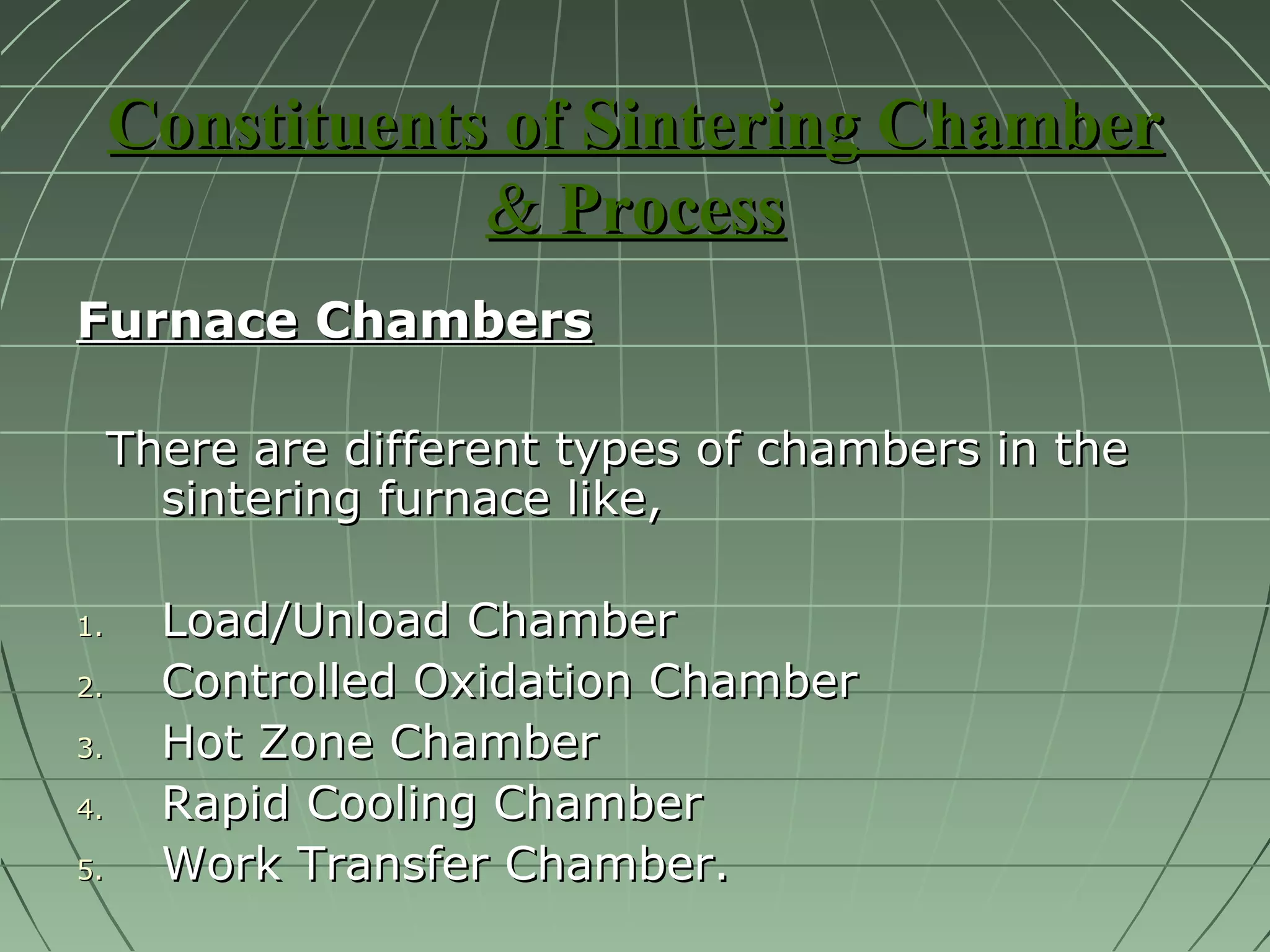 Constituents of SSiinntteerriinngg CChhaammbbeerr 
&& PPrroocceessss 
FFuurrnnaaccee CChhaammbbeerrss 
TThheerree aarree ddiiffffeerreenntt ttyyppeess ooff cchhaammbbeerrss iinn tthhee 
ssiinntteerriinngg ffuurrnnaaccee lliikkee,, 
11.. LLooaadd//UUnnllooaadd CChhaammbbeerr 
22.. CCoonnttrroolllleedd OOxxiiddaattiioonn CChhaammbbeerr 
33.. HHoott ZZoonnee CChhaammbbeerr 
44.. RRaappiidd CCoooolliinngg CChhaammbbeerr 
55.. WWoorrkk TTrraannssffeerr CChhaammbbeerr.. 
 