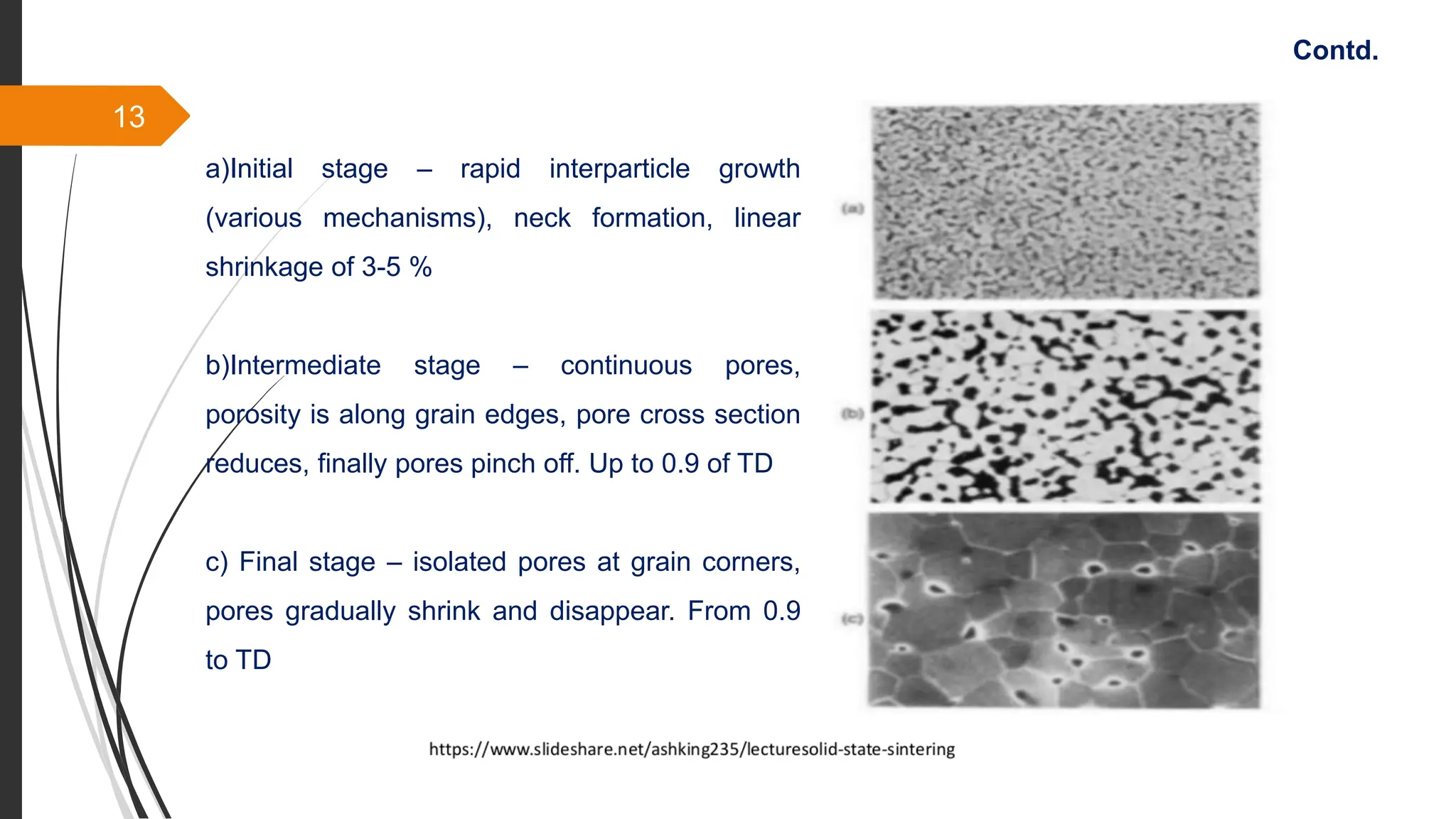 13
Contd.
a)Initial stage – rapid interparticle growth
(various mechanisms), neck formation, linear
shrinkage of 3-5 %
b)Intermediate stage – continuous pores,
porosity is along grain edges, pore cross section
reduces, finally pores pinch off. Up to 0.9 of TD
c) Final stage – isolated pores at grain corners,
pores gradually shrink and disappear. From 0.9
to TD
 