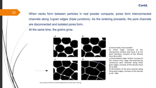 33 When necks form between particles in real powder compacts, pores form interconnected
channels along 3-grain edges (triple junctions). As the sintering proceeds, the pore channels
are disconnected and isolated pores form.
At the same time, the grains grow.
Contd.
 