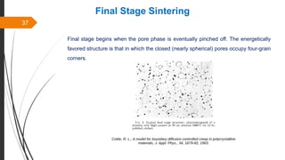 37
Final Stage Sintering
Final stage begins when the pore phase is eventually pinched off. The energetically
favored structure is that in which the closed (nearly spherical) pores occupy four-grain
corners.
 
