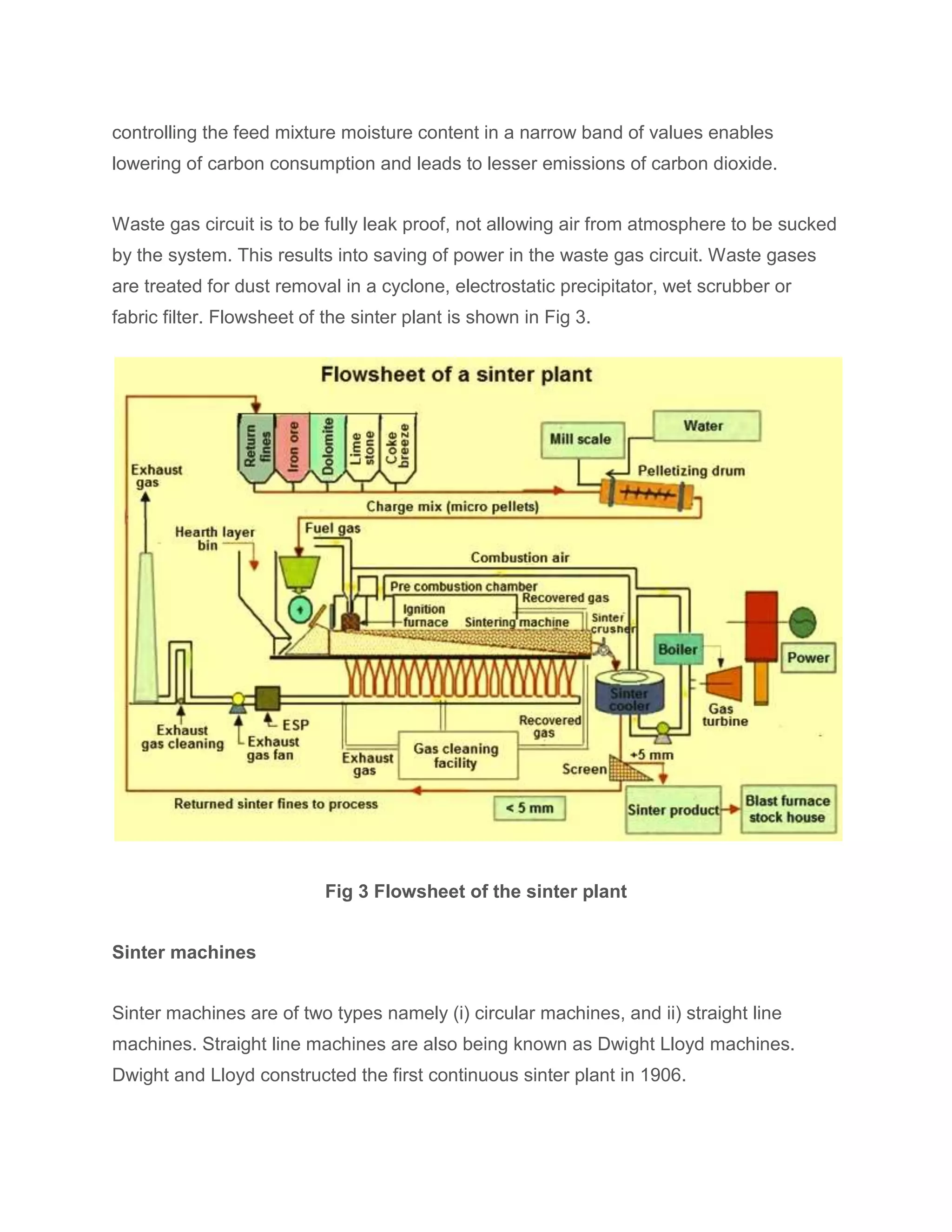 controlling the feed mixture moisture content in a narrow band of values enables
lowering of carbon consumption and leads to lesser emissions of carbon dioxide.
Waste gas circuit is to be fully leak proof, not allowing air from atmosphere to be sucked
by the system. This results into saving of power in the waste gas circuit. Waste gases
are treated for dust removal in a cyclone, electrostatic precipitator, wet scrubber or
fabric filter. Flowsheet of the sinter plant is shown in Fig 3.
Fig 3 Flowsheet of the sinter plant
Sinter machines
Sinter machines are of two types namely (i) circular machines, and ii) straight line
machines. Straight line machines are also being known as Dwight Lloyd machines.
Dwight and Lloyd constructed the first continuous sinter plant in 1906.
 