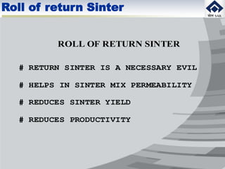ROLL OF RETURN SINTER
# RETURN SINTER IS A NECESSARY EVIL
# HELPS IN SINTER MIX PERMEABILITY
# REDUCES SINTER YIELD
# REDUCES PRODUCTIVITY
Roll of return Sinter
 