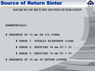 SOURCES OF RETURN SINTER GENERATION
RAWMATERIALS:
# PRESENCE OF +5 mm IN I/O FINES
# PHASE 1: TOTALLY ELIMINATE +10mm
# PHASE 2: REDUCING +8 mm TO < 5%
# PHASE 3: REDUCING +5 mm TO < 5%
# PRESENCE OF +5 mm IN RETURN SINTER
Source of Return Sinter
 