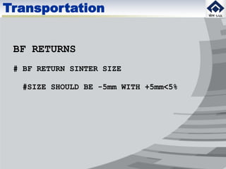 BF RETURNS
# BF RETURN SINTER SIZE
#SIZE SHOULD BE -5mm WITH +5mm<5%
Transportation
 
