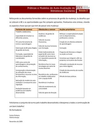 Práticas e Modelos de Auto-Avaliação de
                                           Bibliotecas Escolares                                      Sessão 2

 
Reforçando os documentos fornecidos sobre os processos de gestão da mudança, os desafios que 
se colocam à BE e as oportunidades que lhe compete aproveitar, finalizamos esta síntese, citando 
os aspectos‐chave que por que tem de passar esta mudança: 
        Factores de sucesso               Obstáculos a vencer             Acções prioritárias 
        Trabalho colaborativo;                                             
                                          Ausência  de gestão de          Reforçar a cooperação/articulação 
        Capacidade de envolver os         evidências                      com os departamentos, 
        diferentes actores.                                               professores e alunos 
                                          Falta de recursos                
        TIC como ferramenta de            financeiros;                    Criação de um efectivo ambiente 
        ensino e aprendizagem                                             de aprendizagem 
                                          Falta de recursos humanos        
        Valorização da BE pelos Órgãos    com formação                    Formação 
        de gestão da Escola                                                
                                          Visão tradicionalista do        Programa de literacias a integrar 
        Formação, capacidade de           papel da BE como mero           na acção curricular 
        liderança e de gestão do          armazém de recursos ou           
        coordenador;                      um repositório passivo de       Iniciativas que integrem a BE nos 
                                          informação.;                    projectos curriculares das Escolas 
        A BE como centro de                                                
        aprendizagem e de produção        Renitência face às novas        Utilização e produção de recursos 
        do conhecimento;                  tecnologias por parte de        para meios digitais; 
                                          muitos docentes.                 
        Incorporação e disseminação                                       Criação de documentos de recolha 
        da utilização das novas                                           de evidências 
        ferramentas e recursos na área    Resistência dos  professores     
        da informação;                    ao trabalho colaborativo        Difusão de boas práticas. 
                                          com a equipa da BE 
        Aplicação do modelo de auto‐       
        avaliação e consequente auto‐     Resistência à mudança 
        regulação                          
                                          Falta de envolvimento da 
        Avaliação baseada em              comunidade 
        evidências do trabalho             
        desenvolvido                      Falta de apoio da direcção 
         
         
 
Felicitamos o conjunto da turma pelo trabalho desenvolvido e desejamos a todos a continuação de 
um bom trabalho! 
Os formadores 
 
Carlos Pinheiro 
Helena Araújo 
 
Novembro de 2009 
 