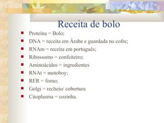 Receita de bolo Proteína = Bolo; DNA = receita em Árabe e guardada no cofre; RNAm = receita em português; Ribossomo = confeiteiro; Aminoácidos = ingredientes RNAt = motoboy; RER = forno; Golgi = recheio/ cobertura Citoplasma = cozinha. 