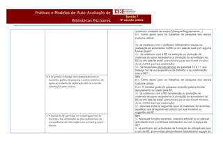 Práticas e Modelos de Auto-Avaliação de
                                                                Sessão 7
                            Bibliotecas Escolares           6ª sessão online


                                                                      conteúdo/ unidades de ensino?(Sempre/Regularmente...)
                                                                      8.1- Como apoio para os trabalhos de pesquisa dos alunos
                                                                      costuma utilizar:
                                                                      ...
                                                                      10- Já colaborou com o professor-bibliotecário/ equipa na
                                                                      realização de actividades na BE ou em sala de aula com alguma
                                                                      turma/ grupo?
                                                                      11- Já colaborou com a BE na selecção ou produção de
                                                                      materiais de apoio necessários à condução de actividades na
                                                                      BE ou em sala de aula? (presumindo que se não houver iniciativa
                                                                      da be, é difícil que haja colaboração)
                                                                      12-. Se respondeu afirmativamente às questões 10 e 11, que
                                                                      balanço faz da sua experiência de trabalho e de colaboração
                                                                      com a BE?
      A BE produz e divulga, em colaboração com os                   QD1
       docentes, guiões de pesquisa e outros materiais de             8.1- Como apoio para os trabalhos de pesquisa dos alunos
       apoio ao trabalho de exploração dos recursos de                costuma utilizar:
       informação pelos alunos.                                       8.1.1- O modelo/ guião de pesquisa proposto para a escola/
                                                                      agrupamento ou usado pela BE.
                                                                      11- Já colaborou com a BE na selecção ou produção de
                                                                      materiais de apoio necessários à condução de actividades na
                                                                      BE ou em sala de aula? (presumindo que se não houver iniciativa
                                                                      da be, é difícil que haja colaboração)
                                                                      17-. Assinale entre os seguintes tipos de materiais/ ferramentas,
                                                                      aquele(s) que já alguma vez utilizou por sua iniciativa ou
                                                                      sugestão da BE
        A equipa da BE participa, em cooperação com os               QD1
         docentes, nas actividades de educação/ensino de              3-- Nas suas funções docentes, costuma articular e/ ou planear
         competências de informação com turmas/ grupos/               actividades com o professor bibliotecário ou com a equipa da
         alunos.                                                      BE?
                                                                      9- Já participou em actividades de formação de utilizadores para
                                                                      o uso da BE, promovidas pelo professor-bibliotecário/ equipa da
 