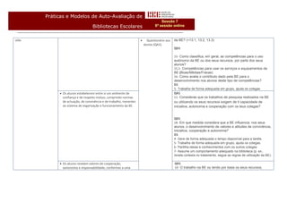 Práticas e Modelos de Auto-Avaliação de
                                                                                     Sessão 7
                                    Bibliotecas Escolares                        6ª sessão online


vida.                                                                      Questionário aos   da BE? (+13.1, 13.2, 13.3)
                                                                          alunos (QA1).
                                                                                               QD1

                                                                                               15- Como classifica, em geral, as competências para o uso
                                                                                               autónomo da BE ou dos seus recursos, por parte dos seus
                                                                                               alunos?
                                                                                               15.1- Competências para usar os serviços e equipamentos da
                                                                                               BE (Boas/Médias/Fracas)
                                                                                               16- Como avalia o contributo dado pela BE para o
                                                                                               desenvolvimento nos alunos deste tipo de competências?
                                                                                               O1
                                                                                               5- Trabalha de forma adequada em grupo, ajuda os colegas
              Os alunos estabelecem entre si um ambiente de                                   QA1
               confiança e de respeito mútuo, cumprindo normas                                 11- Consideras que os trabalhos de pesquisa realizados na BE
               de actuação, de convivência e de trabalho, inerentes                            ou utilizando os seus recursos exigem de ti capacidade de
               ao sistema de organização e funcionamento da BE.                                iniciativa, autonomia e cooperação com os teus colegas?


                                                                                               QD1
                                                                                               18- Em que medida considera que a BE influencia, nos seus
                                                                                               alunos, o desenvolvimento de valores e atitudes de convivência,
                                                                                               iniciativa, cooperação e autonomia?
                                                                                               O1
                                                                                               4- Gere de forma adequada o tempo disponível para a tarefa.
                                                                                               5- Trabalha de forma adequada em grupo, ajuda os colegas.
                                                                                               6- Partilha ideias e conhecimentos com os outros colegas.
                                                                                               7- Assume um comportamento adequado na biblioteca (p. ex.,
                                                                                               revela cortesia no tratamento, segue as regras de utilização da BE).

              Os alunos revelam valores de cooperação,                                        QA1
               autonomia e responsabilidade, conformes a uma                                   10- O trabalho na BE ou tendo por base os seus recursos,
 