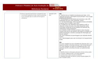 Práticas e Modelos de Auto-Avaliação de
                                                                       Sessão 7
                           Bibliotecas Escolares                   6ª sessão online


      Alunos e docentes desenvolvem competências para     utilização da BE   QA1
       o uso da BE revelando um maior nível de autonomia   (O2).              6-. Quando tens um trabalho de pesquisa para fazer, como
       na sua utilização após as sessões de formação de                       costumas procurar a informação de que precisas? Indica as duas
       utilizadores.                                                          situações mais frequentes....
                                                                              7- Já participaste em actividades para aprender a usar a BE:
                                                                              localização dos livros, fazer pesquisas, outros?
                                                                              7.1- Se respondeste Sim, achas que depois dessas actividades
                                                                              te sentes mais à vontade a usar a BE?
                                                                              9- À medida que vais realizando mais trabalhos na BE ou
                                                                              utilizando os seus recursos, nas várias disciplinas/ áreas
                                                                              curriculares, achas que os teus trabalhos de pesquisa vão
                                                                              melhorando e fazes progressos?
                                                                              10- O trabalho na BE ou tendo por base os seus recursos,
                                                                              contribui para que te vás sentindo mais seguro e confiante nas
                                                                              tarefas da pesquisa, consulta e produção de informação que
                                                                              tens de realizar?
                                                                              13)- Como classificas as aprendizagens que realizaste através
                                                                              da BE?
                                                                              13.1- Aprendizagens para usar os serviços e os equipamentos
                                                                              da BE

                                                                              QD1
                                                                              14- Como classifica as suas competências pessoais para o uso
                                                                              autónomo da BE ou dos seus recursos, com os seus alunos?...
                                                                              15- Como classifica, em geral, as competências para o uso
                                                                              autónomo da BE ou dos seus recursos, por parte dos seus
                                                                              alunos?...
                                                                              O2
                                                                              2- Identifica fontes de informação potenciais e formas de lhes aceder.
                                                                              3- Consulta o catálogo da BE ou de outras bibliotecas
                                                                              4- Localiza livros e outros recursos na biblioteca
                                                                              5- Pesquisa informação na Internet e noutros suportes digitais (CD,
                                                                              DVD, CD-ROM, outros).
 
