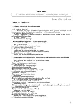Âmbito dos Conteúdos

1. Diferença: delimitação e problematização

1.1. O que é ser diferente?
1.2. As diferenças no nosso quotidiano: comportamentos, ideias, valores, orientação sexual,
interesses, aspirações, ideologias, sentido estético e artístico, aspecto físico, etc.
1.3. A inevitabilidade das diferenças
1.4. Quando a diferença é uma desvantagem: a diferença que isola, impede o bem estar e a
participação social e comunitária
1.5. O direito à diferença
1.6. Como lidar com as diferenças

2. Algumas diferenças perante a educação e formação

2.1. Em função do género
2.1.1. As formações socialmente desvalorizadas
2.1.2. Escolarização do estereótipo
2.2. Trajectória social e escolar anterior
2.2.1. Igualdade no acesso vs. igualdade no sucesso
2.2.2. Fenómenos de exclusão e de integração diferenciadora
2.3. Dificuldades na aprendizagem
2.4. Alunos com necessidades educativas especiais

3. Diferenças no acesso ao trabalho: inserção de populações com especiais dificuldades

3.1. Caracterização de populações com especiais dificuldades
3.1.1. Jovens
- Pouco qualificados ou sem qualificação
- Sobre-qualificados
3.1.2. Desempregados de longa duração
- Heterogeneidade de situações
- Particularidades da situação portuguesa
- Efeito da idade no desempregado de longa duração
3.1.3. Pessoas com baixas qualificações
- Analfabetos funcionais
- Pessoas com qualificações obsoletas
3.1.4. Mulheres
- Tipologia do (des)emprego feminino
- Discriminação remuneratória e no acesso a posições de chefia
3.1.5. Toxicodependentes e ex-toxicodependentes
- Toxicodependência e actividade profissional
- Reinserção profissional e superação da dependência da droga
3.1.6. Detidos e reclusos
- Dificuldades de reinserção: os baixos níveis de escolaridade e a pouca qualificação profissional
3.1.7. Grupos étnicos e culturais minoritários
- Situação social precarizada
- Baixos níveis de escolarização e qualificação
3.1.8. Pessoas com deficiência
- Acessibilidade aos locais de trabalho
- Produtividade da pessoa com deficiência
- Adaptação ao contexto de trabalho
3.2. Estratégias e estruturas de apoio: políticas e práticas
3.2.1. Dispositivos e quadros legais


                                                                                                     11
 