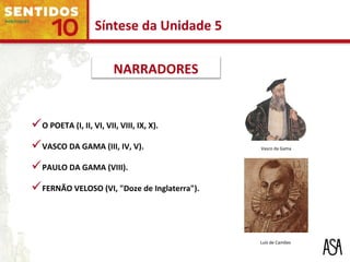 Síntese da Unidade 5
NARRADORES
O POETA (I, II, VI, VII, VIII, IX, X).
VASCO DA GAMA (III, IV, V).
PAULO DA GAMA (VIII).
FERNÃO VELOSO (VI, "Doze de Inglaterra").
Vasco da Gama
Luís de Camões
 