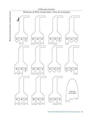 Folha para recortar
                                                                   Moléculas de RNA transportador e fator de terminação
©Amabis e Martho/Editora Moderna - Reprodução autorizada




                                                           ✁


                                                           U   A     C       G    A    A        A     G     C         G     U      U




                                                           A   A    C        G    G    A       U     U     U         C      C     G




                                                                                                                            Fator de
                                                                                                                          terminação



                                                           A   A     A       G     A    A       U     G     A




                                                                                              PROPOSTAS PARA DESENVOLVER EM SALA DE AULA   5
 