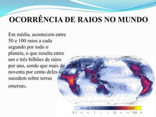 OCORRÊNCIA DE RAIOS NO MUNDO
Em média, acontecem entre
50 e 100 raios a cada
segundo por todo o
planeta, o que resulta entre
um e três bilhões de raios
por ano, sendo que mais de
noventa por cento deles se
sucedem sobre terras
emersas.

 