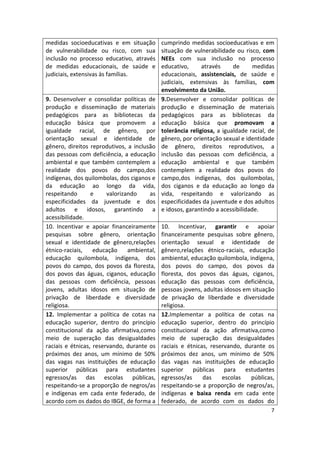 7
medidas socioeducativas e em situação
de vulnerabilidade ou risco, com sua
inclusão no processo educativo, através
de medidas educacionais, de saúde e
judiciais, extensivas às famílias.
cumprindo medidas socioeducativas e em
situação de vulnerabilidade ou risco, com
NEEs com sua inclusão no processo
educativo, através de medidas
educacionais, assistenciais, de saúde e
judiciais, extensivas às famílias, com
envolvimento da União.
9. Desenvolver e consolidar políticas de
produção e disseminação de materiais
pedagógicos para as bibliotecas da
educação básica que promovem a
igualdade racial, de gênero, por
orientação sexual e identidade de
gênero, direitos reprodutivos, a inclusão
das pessoas com deficiência, a educação
ambiental e que também contemplem a
realidade dos povos do campo,dos
indígenas, dos quilombolas, dos ciganos e
da educação ao longo da vida,
respeitando e valorizando as
especificidades da juventude e dos
adultos e idosos, garantindo a
acessibilidade.
9.Desenvolver e consolidar políticas de
produção e disseminação de materiais
pedagógicos para as bibliotecas da
educação básica que promovam a
tolerância religiosa, a igualdade racial, de
gênero, por orientação sexual e identidade
de gênero, direitos reprodutivos, a
inclusão das pessoas com deficiência, a
educação ambiental e que também
contemplem a realidade dos povos do
campo,dos indígenas, dos quilombolas,
dos ciganos e da educação ao longo da
vida, respeitando e valorizando as
especificidades da juventude e dos adultos
e idosos, garantindo a acessibilidade.
10. Incentivar e apoiar financeiramente
pesquisas sobre gênero, orientação
sexual e identidade de gênero,relações
étnico-raciais, educação ambiental,
educação quilombola, indígena, dos
povos do campo, dos povos da floresta,
dos povos das águas, ciganos, educação
das pessoas com deficiência, pessoas
jovens, adultas idosos em situação de
privação de liberdade e diversidade
religiosa.
10. Incentivar, garantir e apoiar
financeiramente pesquisas sobre gênero,
orientação sexual e identidade de
gênero,relações étnico-raciais, educação
ambiental, educação quilombola, indígena,
dos povos do campo, dos povos da
floresta, dos povos das águas, ciganos,
educação das pessoas com deficiência,
pessoas jovens, adultas idosos em situação
de privação de liberdade e diversidade
religiosa.
12. Implementar a política de cotas na
educação superior, dentro do princípio
constitucional da ação afirmativa,como
meio de superação das desigualdades
raciais e étnicas, reservando, durante os
próximos dez anos, um mínimo de 50%
das vagas nas instituições de educação
superior públicas para estudantes
egressos/as das escolas públicas,
respeitando-se a proporção de negros/as
e indígenas em cada ente federado, de
acordo com os dados do IBGE, de forma a
12.Implementar a política de cotas na
educação superior, dentro do princípio
constitucional da ação afirmativa,como
meio de superação das desigualdades
raciais e étnicas, reservando, durante os
próximos dez anos, um mínimo de 50%
das vagas nas instituições de educação
superior públicas para estudantes
egressos/as das escolas públicas,
respeitando-se a proporção de negros/as,
indígenas e baixa renda em cada ente
federado, de acordo com os dados do
 