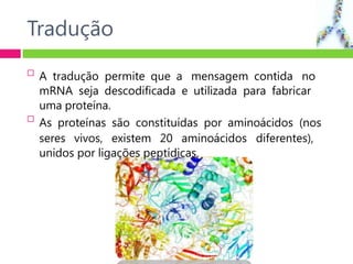 Tradução


A tradução permite que a mensagem contida no
mRNA seja descodificada e utilizada para fabricar
uma proteína.
As proteínas são constituídas por aminoácidos (nos
seres vivos, existem 20 aminoácidos diferentes),
unidos por ligações peptídicas.
 