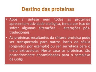 • Após a síntese nem todas as proteínas
apresentam atividade biológica, tendo por isso de
sofrer algumas alterações – alterações pós-
traducionais.
• As proteínas resultantes da síntese proteica pode
ser transportada para outros locais da célula
(organitos por exemplo) ou ser secretada para o
meio extracelular. Neste caso as proteínas são
posteriormente encaminhadas para o complexo
de Golgi.
 