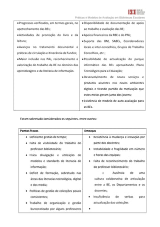 Práticas e Modelos de Avaliação em Bibliotecas Escolares

• Progressos verificados, em termos gerais, no            • Disponibilidade de documentação de apoio
apetrechamento das BEs;                                    ao trabalho e avaliação das BE;
• Actividades de promoção do livro e da                   • Apoios financeiros da RBE e do PNL;
leitura;                                                  • Suporte das BM, SABEs, Coordenadores
• Avanços no tratamento documental e                       locais e inter-concelhios, Grupos de Trabalho
práticas de circulação e itinerância de fundos;            Concelhios, etc.;
• Maior inclusão nos PAs, reconhecimento e                • Possibilidade de actualização do parque
valorização do trabalho da BE no domínio das               informático das BEs aproveitando Plano
aprendizagens e da literacia de informação.                Tecnológico para a Educação;
                                                          • Desenvolvimento          de   novos    serviços     e
                                                           produtos assentes nos novos ambientes
                                                           digitais e tirando partido da motivação que
                                                           estes meios geram junto dos jovens;
                                                          • Existência de modelo de auto-avaliação para
                                                           as BEs.


  Foram sobretudo considerados os seguintes, entre outros:


  Pontos fracos                                            Ameaças
       • Deficiente gestão de tempo;                           • Resistência à mudança e inovação por
       • Falta de visibilidade do trabalho do                        parte dos docentes;
           professor-bibliotecário;                            • Instabilidade e fragilidade em número
       • Fraca    divulgação    e     utilização     de              e horas das equipas;
           modelos e standards de literacia de                 • Falta de reconhecimento do trabalho
           informação;                                               do professor-bibliotecário;
       • Deficit de formação, sobretudo nas                                o          Ausência      de        uma
           áreas das literacias tecnológica, digital                 cultura colaborativa de articulação
           e dos media;                                              entre a BE, os Departamentos e os
       • Políticas de gestão de colecções pouco                      docentes;
           consistentes;                                      •      Insuficiência        de     verbas       para
       • Trabalho de organização e gestão                            actualização das colecções
           burocratizado por alguns professores                •
 
