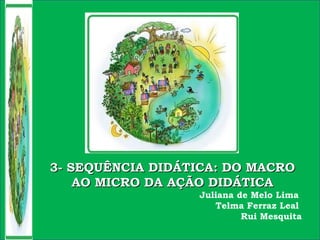 3- SEQUÊNCIA DIDÁTICA: DO MACRO3- SEQUÊNCIA DIDÁTICA: DO MACRO
AO MICRO DA AÇÃO DIDÁTICAAO MICRO DA AÇÃO DIDÁTICA
Juliana de Melo Lima
Telma Ferraz Leal
Rui Mesquita
 