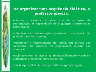 Ao organizar uma sequência didática, o
professor precisa:
-adaptar a escolha de gêneros e de situações de
comunicação às capacidades de linguagem apresentadas
pelos alunos;
-antecipar as transformações possíveis e as etapas que
poderiam ser transpostas;
-simplificar a complexidade da tarefa, em função dos
elementos que excedem as capacidades iniciais das
crianças;
-esclarecer com os alunos os objetivos limitados visados e
o itinerário a percorrer para atingi-los;
-dar tempo suficiente para permitir as aprendizagens;
 