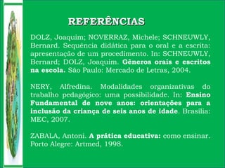 DOLZ, Joaquim; NOVERRAZ, Michele; SCHNEUWLY,
Bernard. Sequência didática para o oral e a escrita:
apresentação de um procedimento. In: SCHNEUWLY,
Bernard; DOLZ, Joaquim. Gêneros orais e escritos
na escola. São Paulo: Mercado de Letras, 2004.
NERY, Alfredina. Modalidades organizativas do
trabalho pedagógico: uma possibilidade. In: Ensino
Fundamental de nove anos: orientações para a
inclusão da criança de seis anos de idade. Brasília:
MEC, 2007.
ZABALA, Antoni. A prática educativa: como ensinar.
Porto Alegre: Artmed, 1998.
REFERÊNCIASREFERÊNCIAS
 