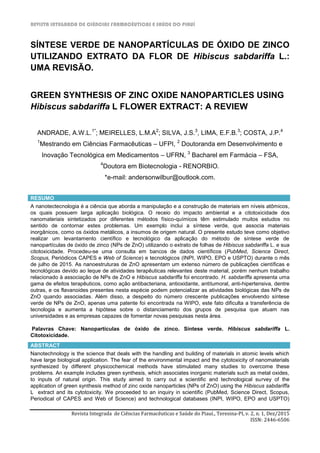 Sintese verde de nanoparticulas de oxido de zinco utilizando extrato da ...