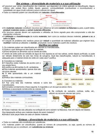 Em síntese – diversidade de materiais e a sua utilização
É possível usar várias classificações dos materiais, que dependem do critério aplicado na classificação. Alguns
critérios são: estado físico (sólido, líquido, gasoso), combustibilidade (combustíveis e incombustíveis) e
solubilidade em água (muito solúveis e pouco solúveis em água).
Todos os materiais podem ser classificados em naturais e manufaturados.

Os materiais naturais constituem recursos que utilizamos tal como existem na Natureza ou para, a partir deles,
produzir materiais novos ou extrair materiais diferentes.
Os recursos naturais devem ser explorados e utilizados de forma regrada para não comprometer a vida das
populações vindouras.
A utilização e a transformação de muitos materiais, bem como os resíduos desses materiais, poluem o ar, o
solo e a água.
A solução do problema dos resíduos passa por reduzir a quantidade de materiais utilizados que originam lixos,
reutilizar materiais já utilizados e reciclar, produzindo novos materiais a partir dos resíduos.
Verifica se sabes
1. Os materiais podem ser classificados em naturais ou manufaturados.
1.1 Indica o que distingue os dois tipos de materiais.
1.2 Para temperar os alimentos usa-se cloreto de sódio.
O cloreto de sódio pode ser extraído da água do mar exposta ao sol nas salinas, sendo depois purificado, ou pode
ser retirado diretamente do solo nas minas de sal-gema. Qual das classificações, natural ou manufaturado, é
adequada para o material cloreto de sódio em cada caso? Justifica.
2. Considera os materiais:
2.1 Classifica estes materiais de acordo com o
seu estado físico.
2.2 Justifica as afirmações A e B, verdadeiras.
a) Dos materiais apresentados, apenas dois são
recursos naturais.
b) O leite apresentado não e um material
natural.
2.3 Indica dois materiais combustíveis.
3. Considera os materiais:
3.1 Faz uma lista dos materiais naturais e outra dos
manufaturados.
3.2 Completa corretamente a frase seguinte: A magnetite e um do qual se extrai o ferro.
3.3 Efetua a associação correta entre as colunas I e II.
4. Na confeção de vestuário, cortinas, sofás, etc.,
utilizam-se recursos naturais tais como:
4.1 Estes materiais não são utilizados na confeção tal como existem na Natureza, mas sim depois de tratados.
Que designação atribuis aos materiais depois de serem tratados?
4.2 Indica duas peças feitas de cada um destes materiais.
Síntese – diversidade de materiais e a sua utilização
 Todos os materiais são constituídos por substâncias.
 Os materiais podem ser classificados, quanto ao número de componentes, ou seja, quanto ao número de
substâncias que os constituem, em substâncias ou misturas
15
 