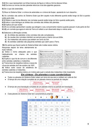 5.3) Diz o que representam as linhas brancas da figura e indica a forma dessas linhas.
5.4) Escreve os nomes de dois planetas telúricos e de dois gigantes gasosos.
6) Diz o que são asteroides.
7) Situa no Sistema Solar: a cintura de asteroides e a cintura de Kuiper, apoiando-te num desenho.
8) Os cometas são astros do Sistema Solar que têm aspeto muito diferente quando estão longe do Sol e quando
estão perto dele.
8.1) Refere o que há de diferente nos cometas quando estão longe do Sol e quando estão perto.
8.2) Indica o que distingue as órbitas dos cometas das órbitas dos planetas.
8.3) Explica por que razão:
8.3.1) os cometas apresentam caudas que atingem o seu comprimento máximo quando passam muito perto do Sol.
8.3.2) um cometa que agora é visto da Terra só voltará a ser observado daqui a vários anos.
9) Seleciona a afirmação correta.
a) As órbitas dos planetas e dos cometas não são complanares.
b) As caudas dos cometas orientam-se sempre para o interior da sua órbita.
c) Os meteoritos são astros que orbitam em torno do Sol.
d) As estrelas cadentes são pequenas estrelas que caem para a Terra.
10) Os astros que fazem parte do Sistema Solar são multas vezes notícia.
Responde depois de leres atentamente as
duas notícias.
a) Indica o nome adequado para o que
habitualmente se chama de estrelas
cadentes.
b) Explica o que há de comum e de diferente
entre estrelas cadentes e meteoritos.
c) Transcreve da respetiva notícia a causa da
chuva de estrelas de 9 de outubro de 1937.
d) Indica outra causa da existência de
estrelas cadentes e meteoritos.
e) Transcreve da respetiva notícia um motivo pelo qual o estudo dos meteoritos é tão importante.
Em síntese - Os planetas e suas caraterísticas
● Todos os planetas do Sistema Solar rodam em torno do seu eixo e orbitam em volta do Sol.
● O tempo de uma rotação completa de um planeta chama-se período de rotação:
● O tempo de uma translação completa de um planeta chama-se período de translação:
● Cada planeta do Sistema Solar tem características próprias:
6
 