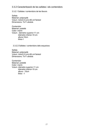 3.3.2 Caracterització de les safates i els contenidors
3.3.2.1 Safates i contenidors de les llavors

Safata
Material: polipropilè
Volum: 4x4x3,5 (cm)-56 cm³/alvèol
Dimensions: 7x11 alvèols

Contenidor
Material: polietilè
Color: marró
Volum: diàmetre superior-11 cm
       diàmetre inferior-10 cm
       altura-10cm
       litres-1


 3.3.2.2 Safates i contenidors dels esqueixos

Safata
Material: polipropilè
Volum: 4x4x3,5 (cm)-56 cm³/alvèol
Dimensions: 7x11 alvèols

Contenidor
Material: polietilè
Color: marró
Volum: diàmetre superior-11 cm
       diàmetre inferior-10 cm
       altura - 10cm
       litres - 1




                                          17
 