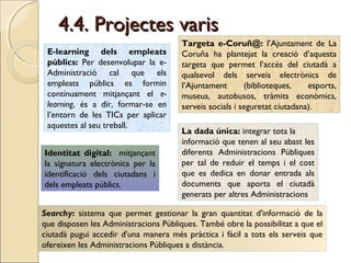 4.4. Projectes varis4.4. Projectes varis
E-learning dels empleats
públics: Per desenvolupar la e-
Administració cal que el...